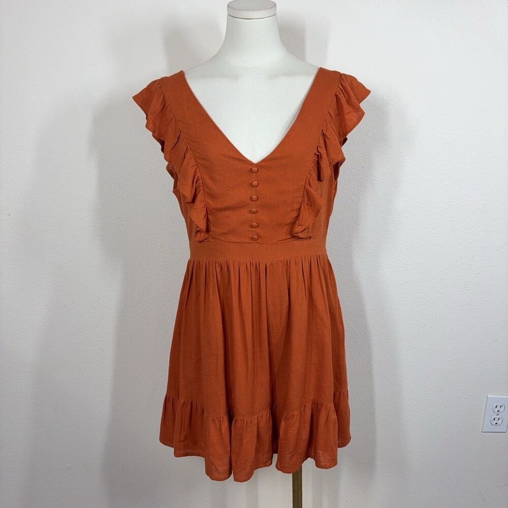 VICI X Fate Dress Womens Medium Orange Ruffle Backless Mini Sundress Boho Summer